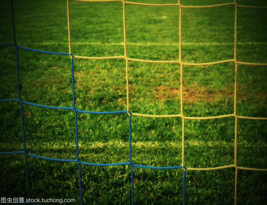 详细的黄色蓝色交叉的足球网,足球在目标与背景在操场上的绿草净
